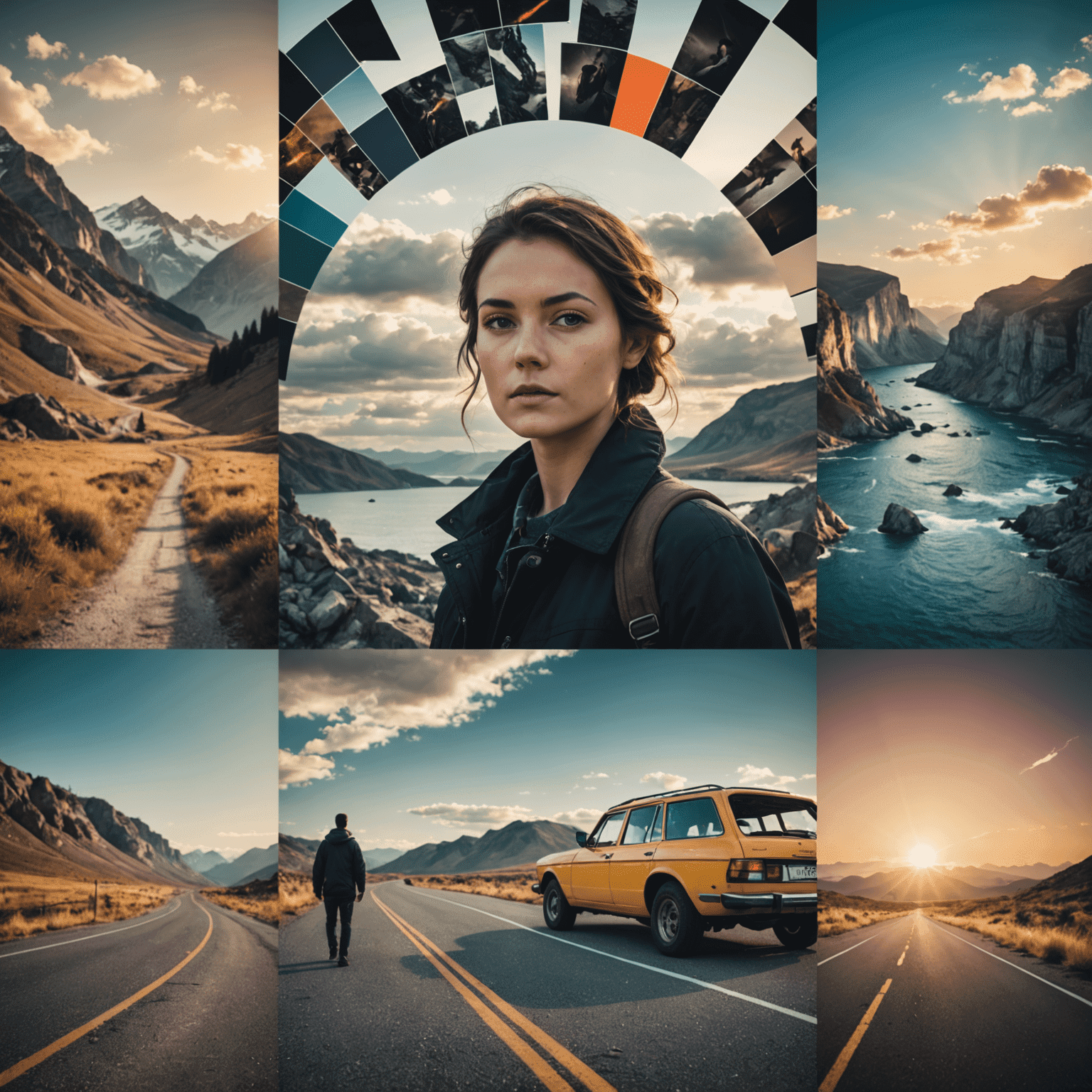 Collage of various photo editing techniques including color grading, compositing, and digital art effects