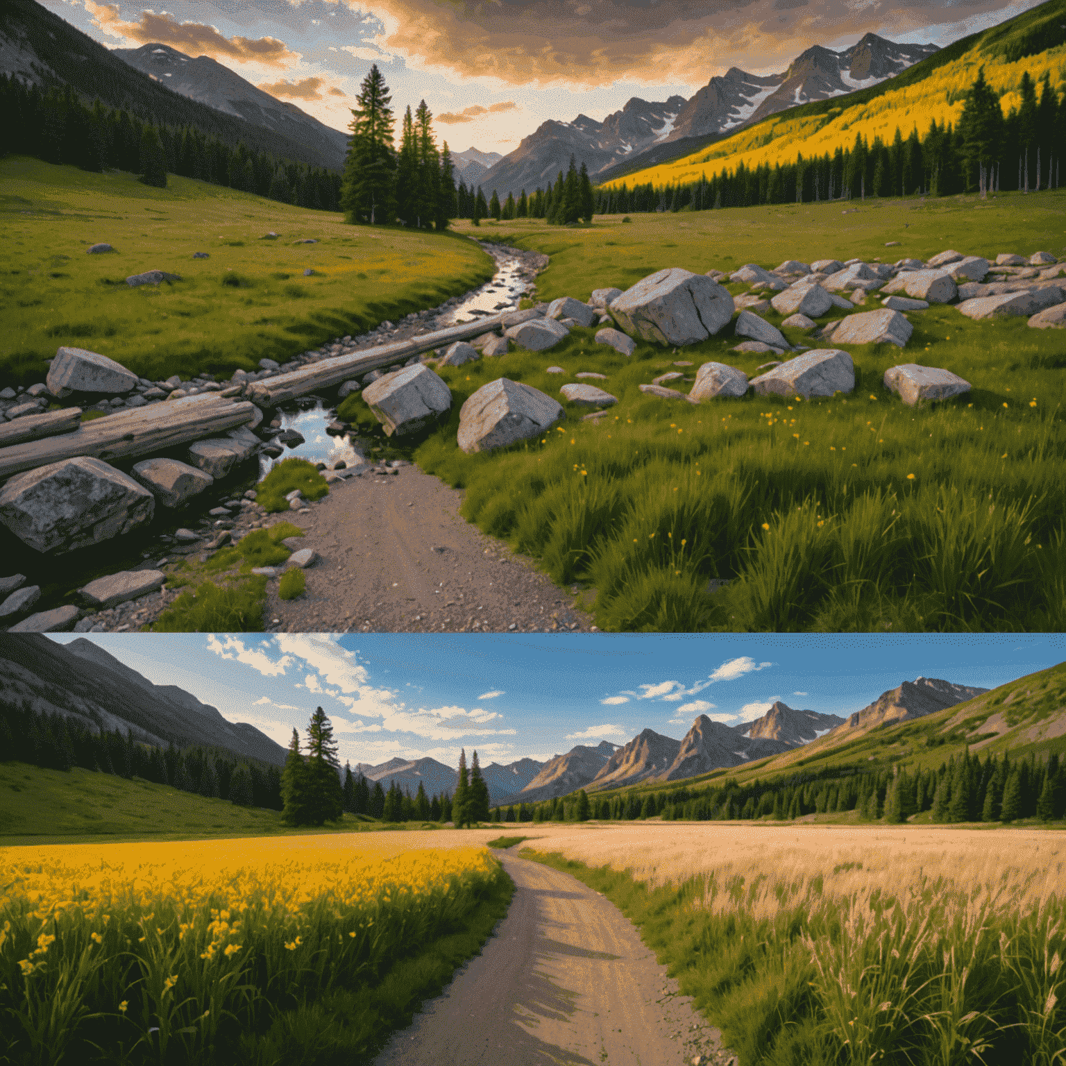 Before and after comparison of a professionally edited landscape photo, showcasing enhanced colors, improved lighting, and removed imperfections