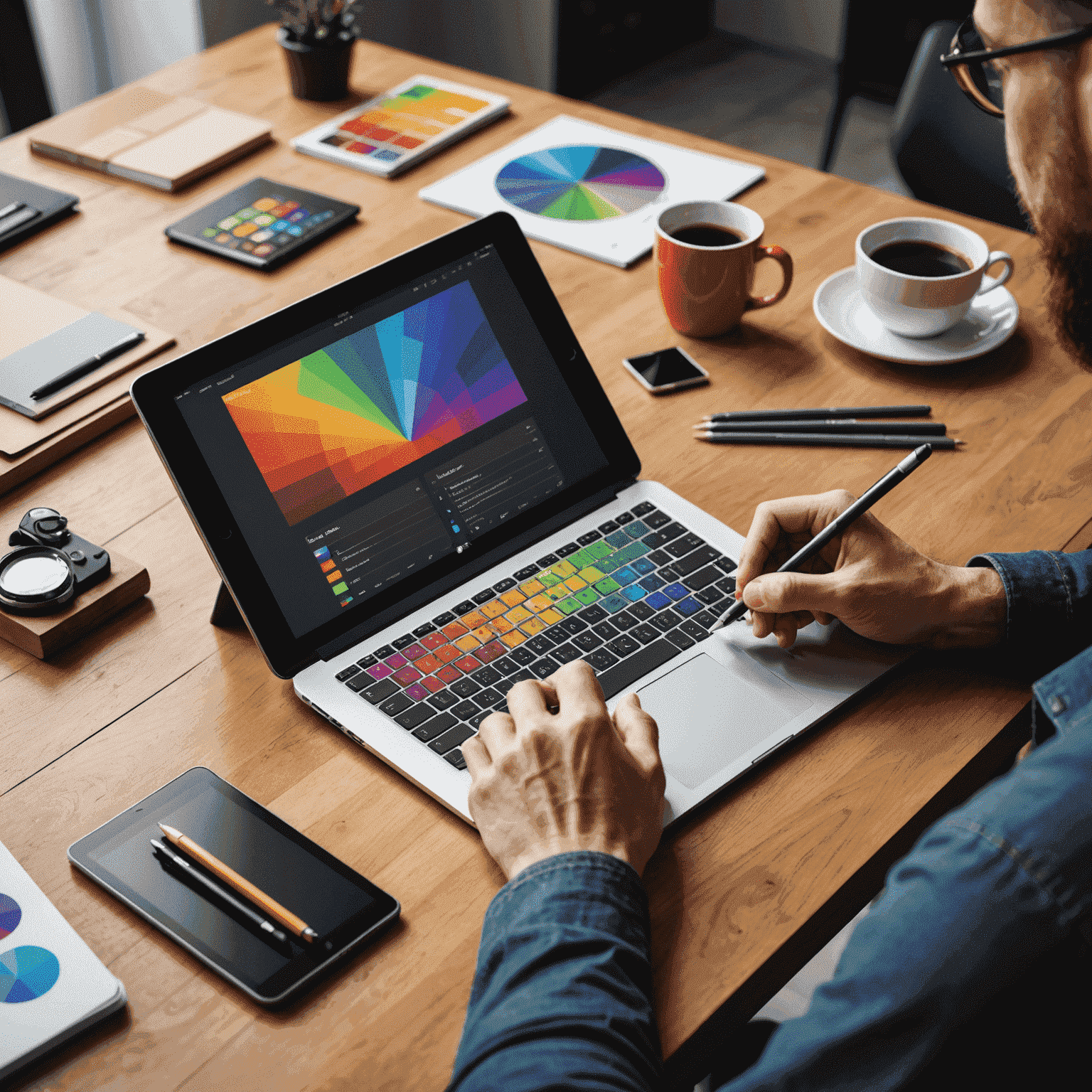 Graphic designer working on a logo design, using a digital tablet and stylus. The image shows a warm, inviting workspace with various design elements and color swatches visible.