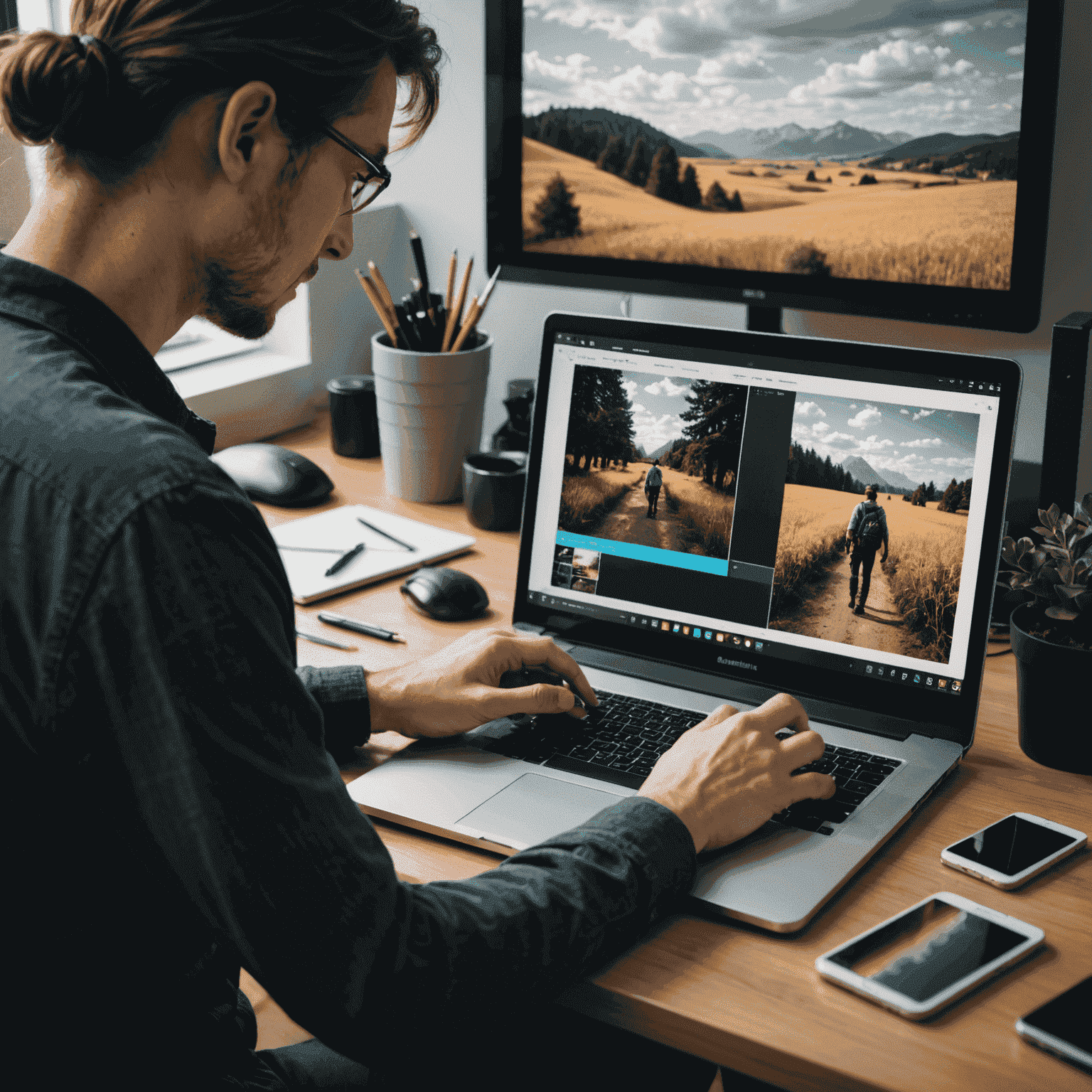 A person editing a photograph on a computer, adjusting colors and contrast