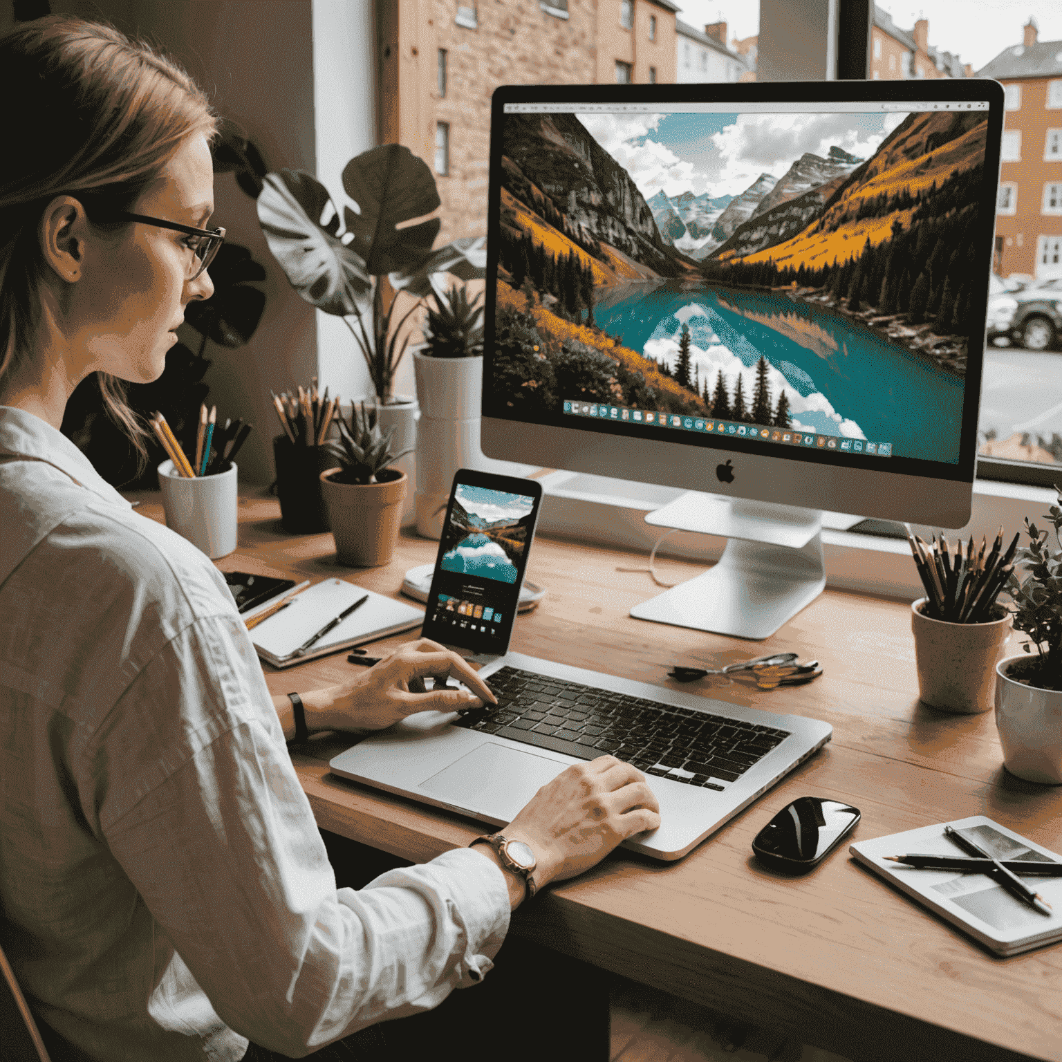 A designer working on a laptop, creating a stunning online portfolio with vibrant images displayed on the screen. The workspace has a warm, creative atmosphere with art supplies scattered around.