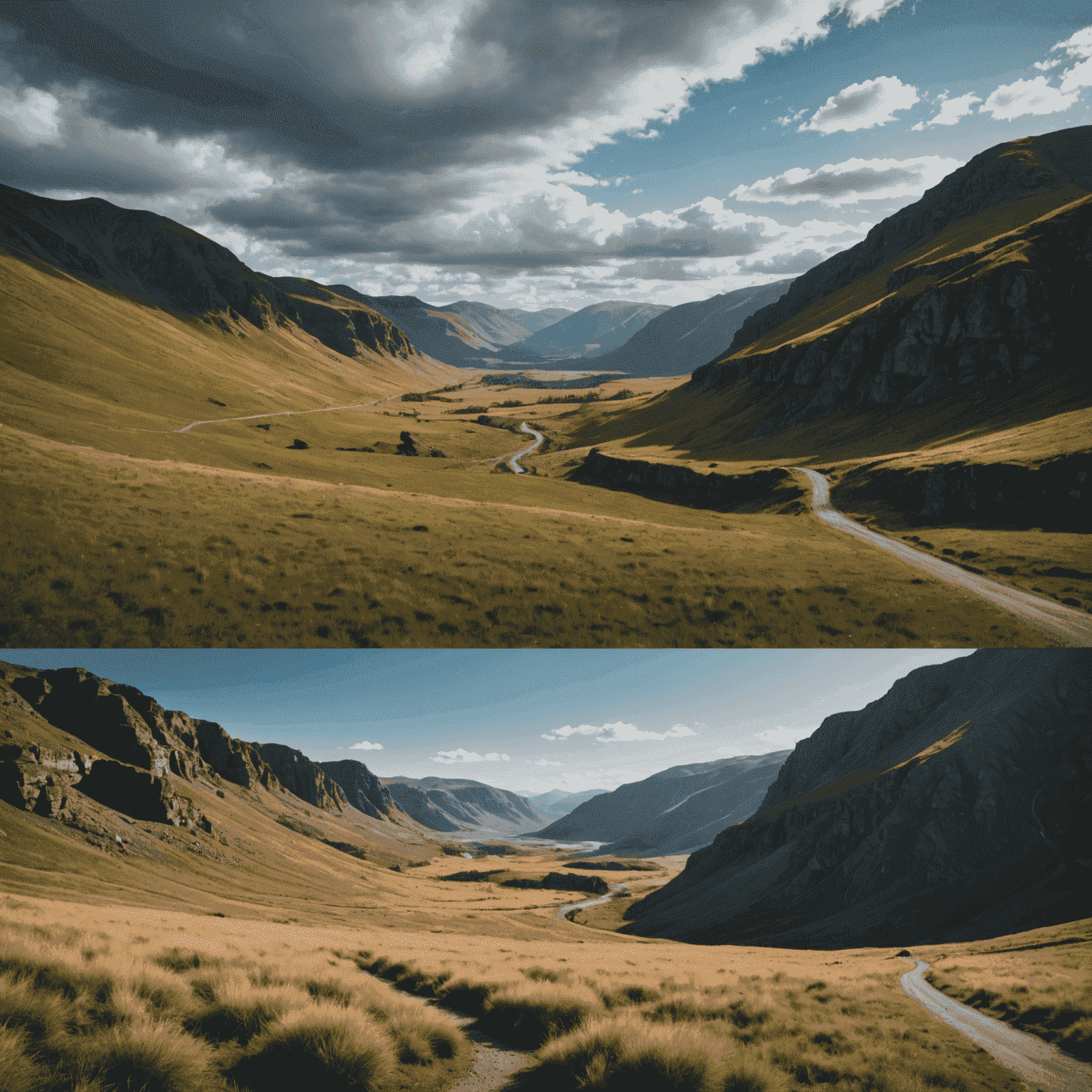 Before and after comparison of a landscape photo with cinematic color grading applied