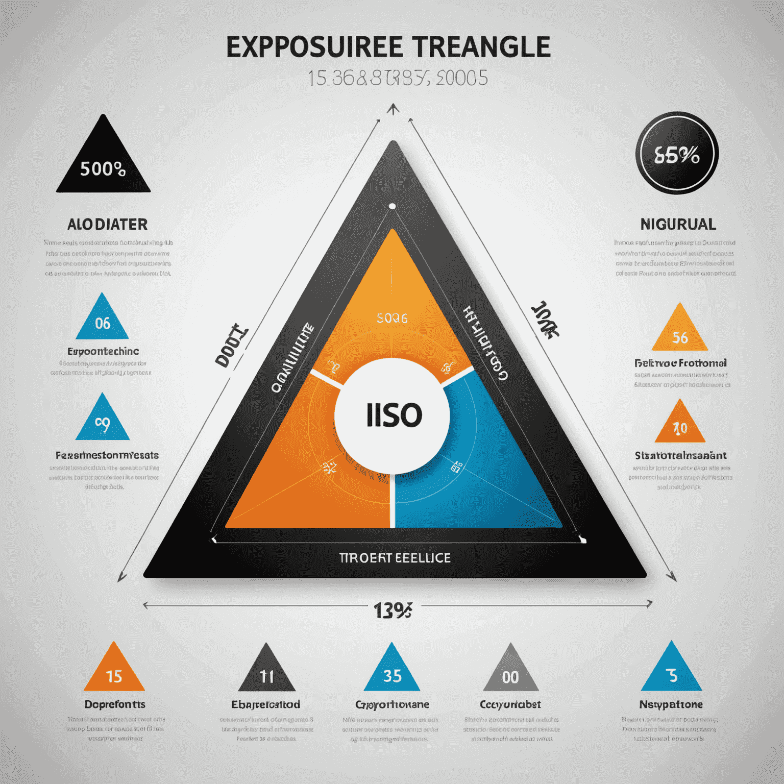 Infographic showing the exposure triangle with aperture, shutter speed, and ISO