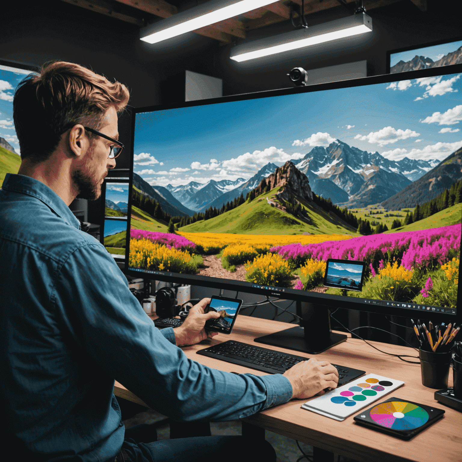 A professional photographer editing a vibrant landscape photo on a large monitor, surrounded by editing tools and color palettes