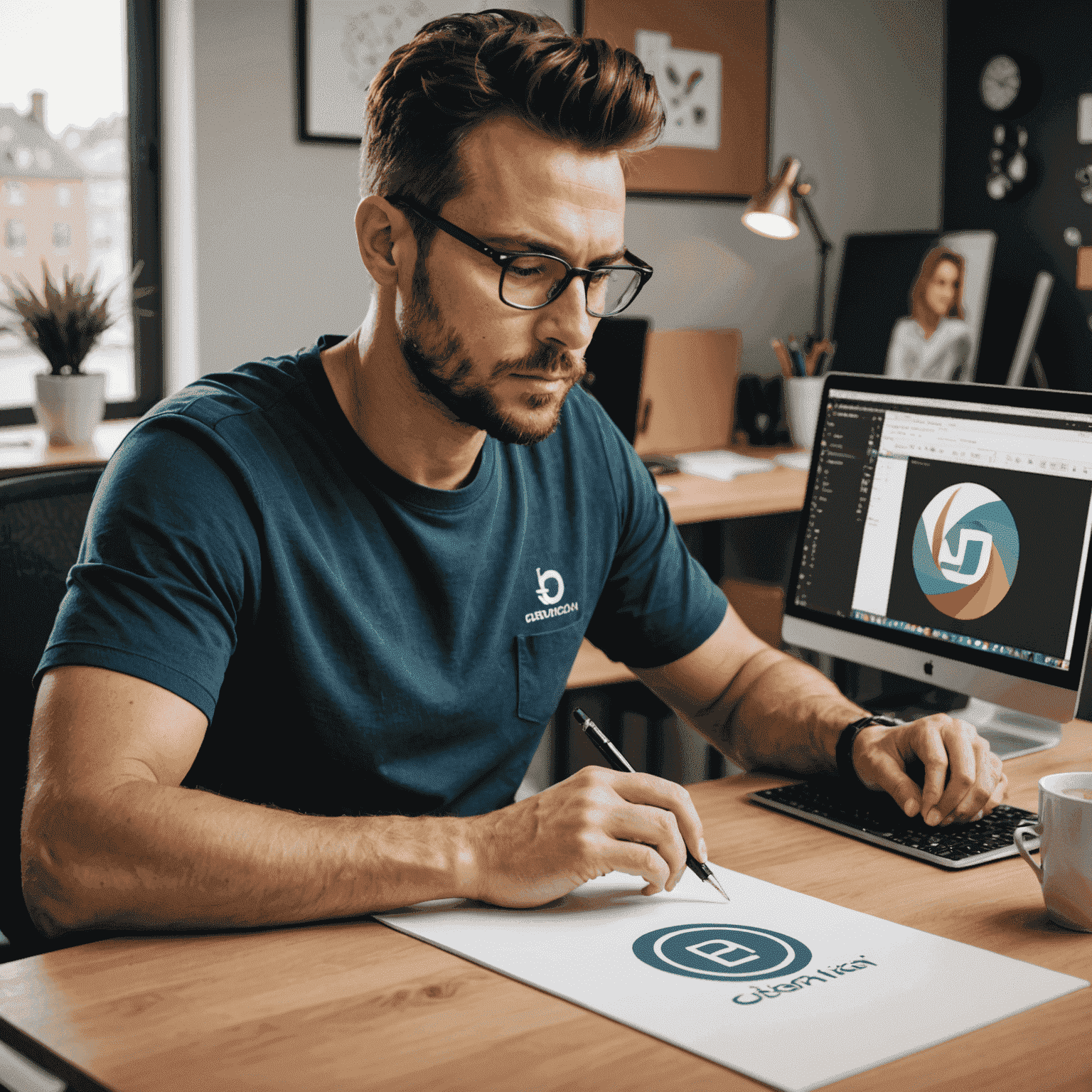 A designer working on a logo design using graphic design software