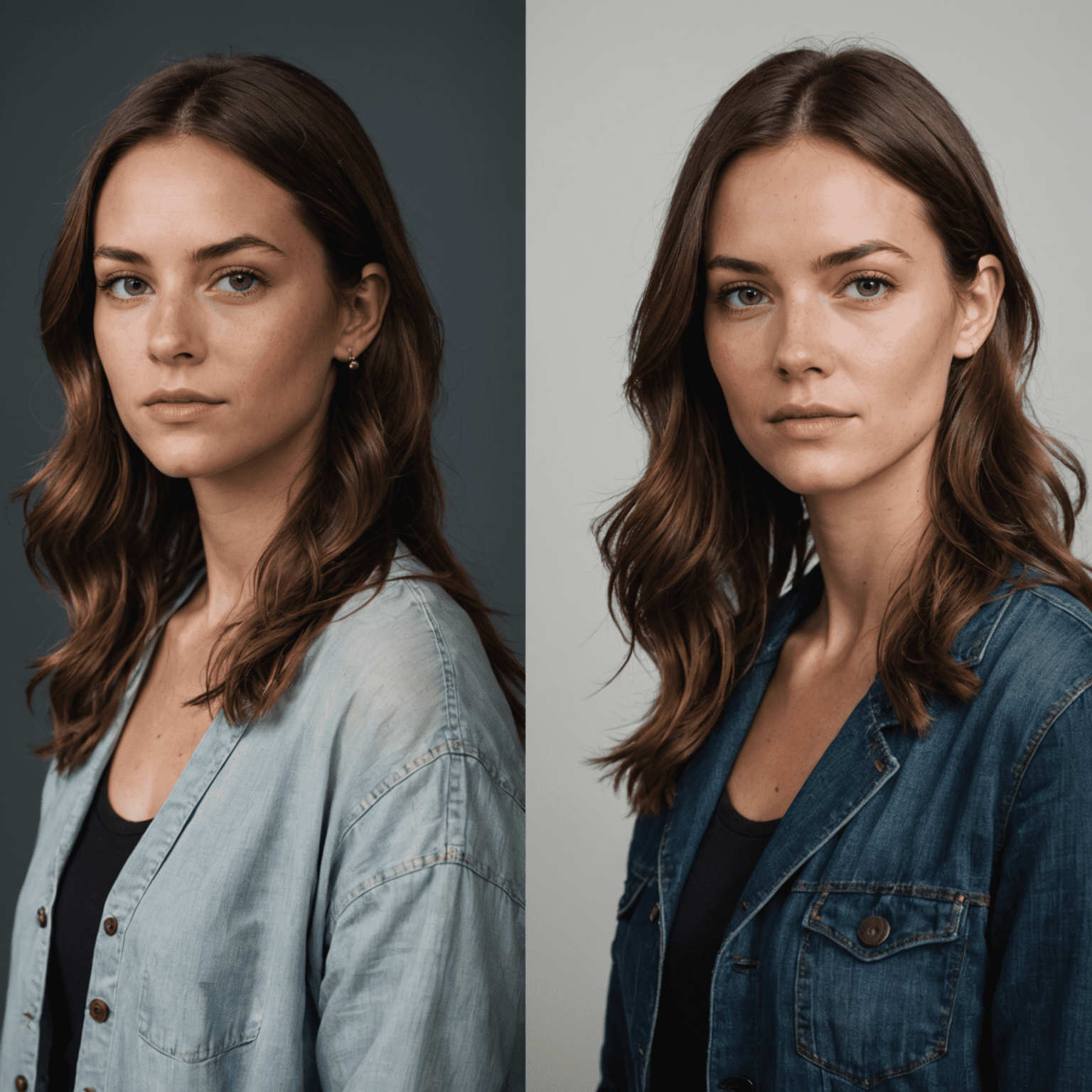 Side-by-side comparison of a portrait photo showing minimal retouching versus heavy editing