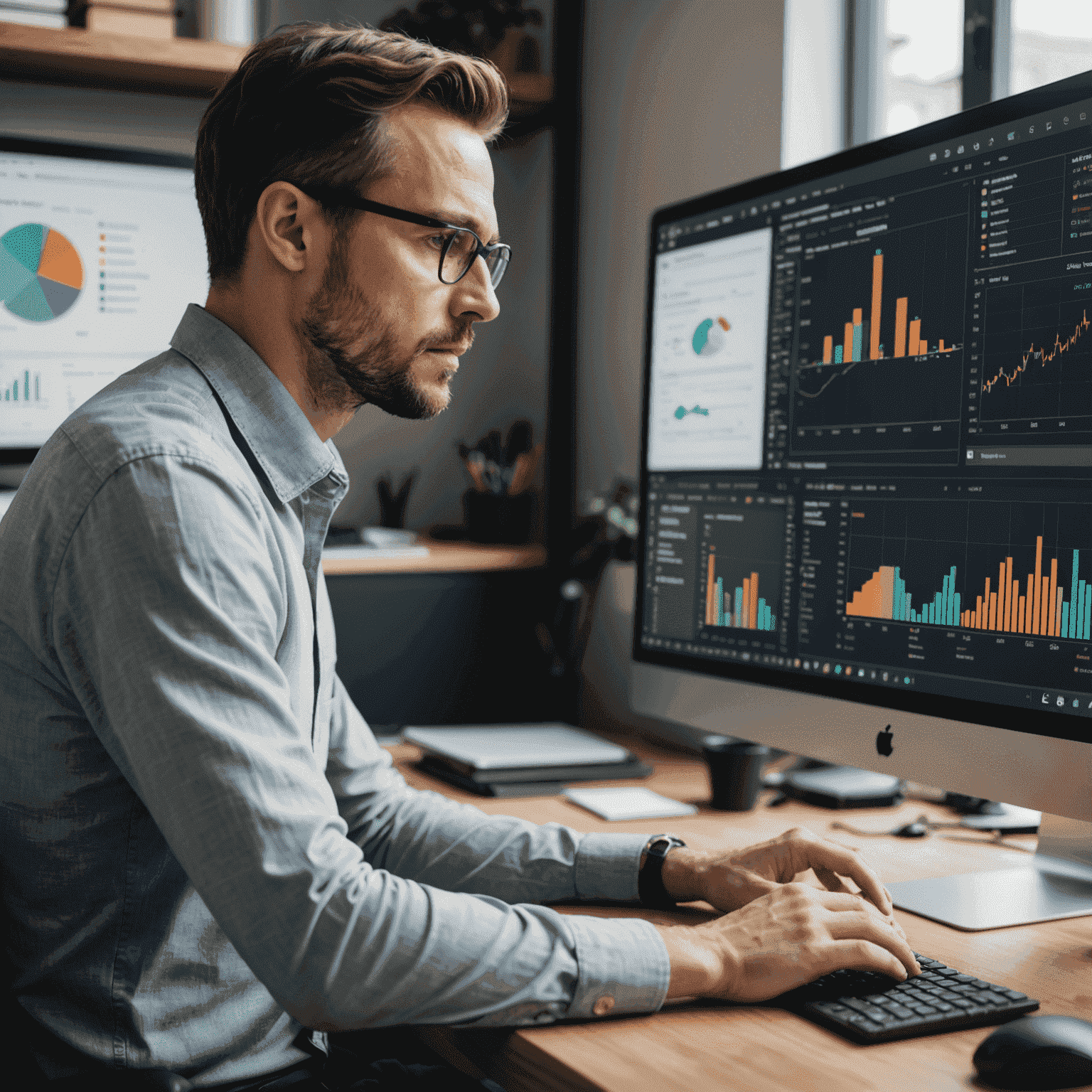 A split-screen image showing a designer working on a computer with data visualizations and analytics on one side, and the resulting optimized graphic design on the other