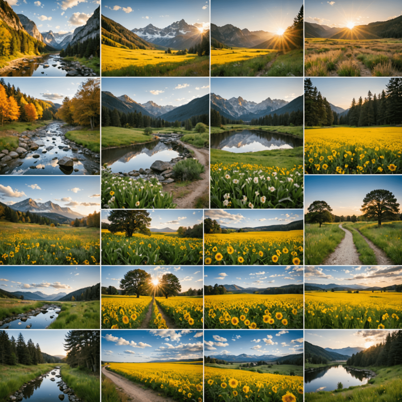 A collage of various beginner photography subjects: landscapes, portraits, and close-ups